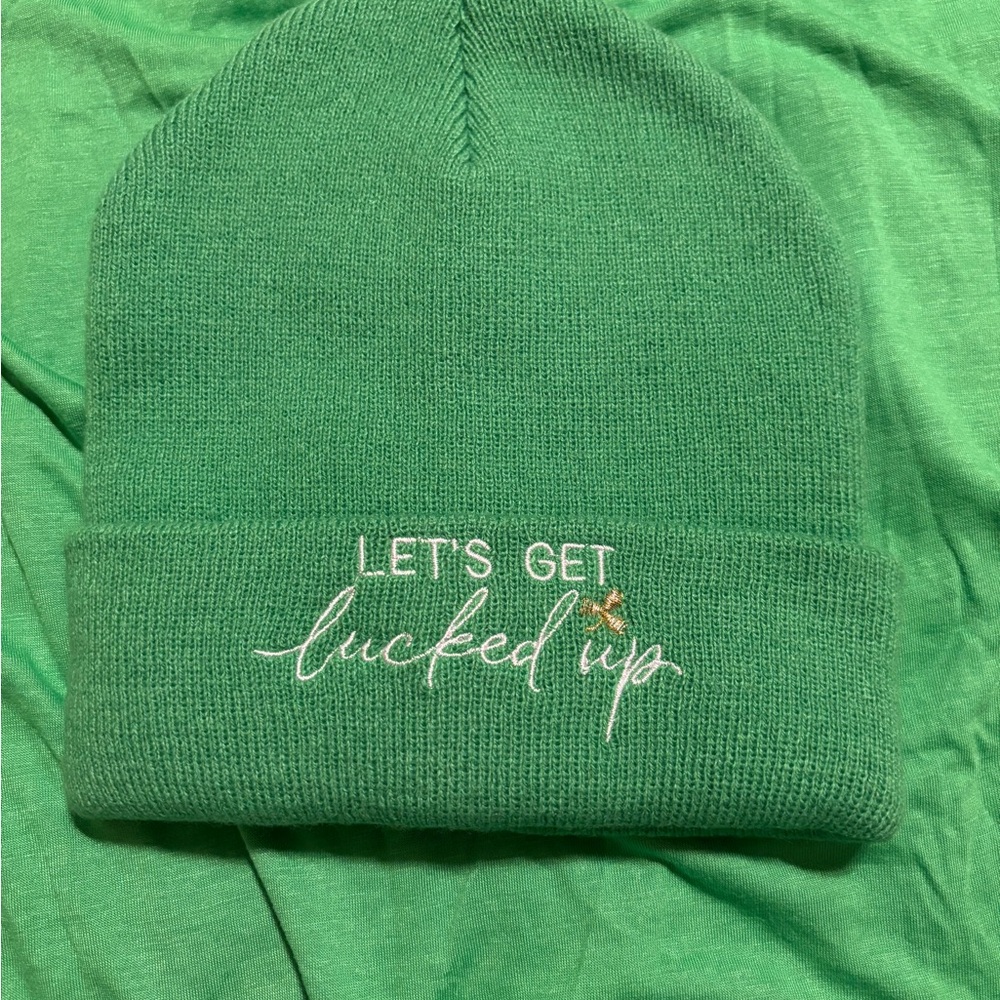 Green Beanie with Embroidered Text